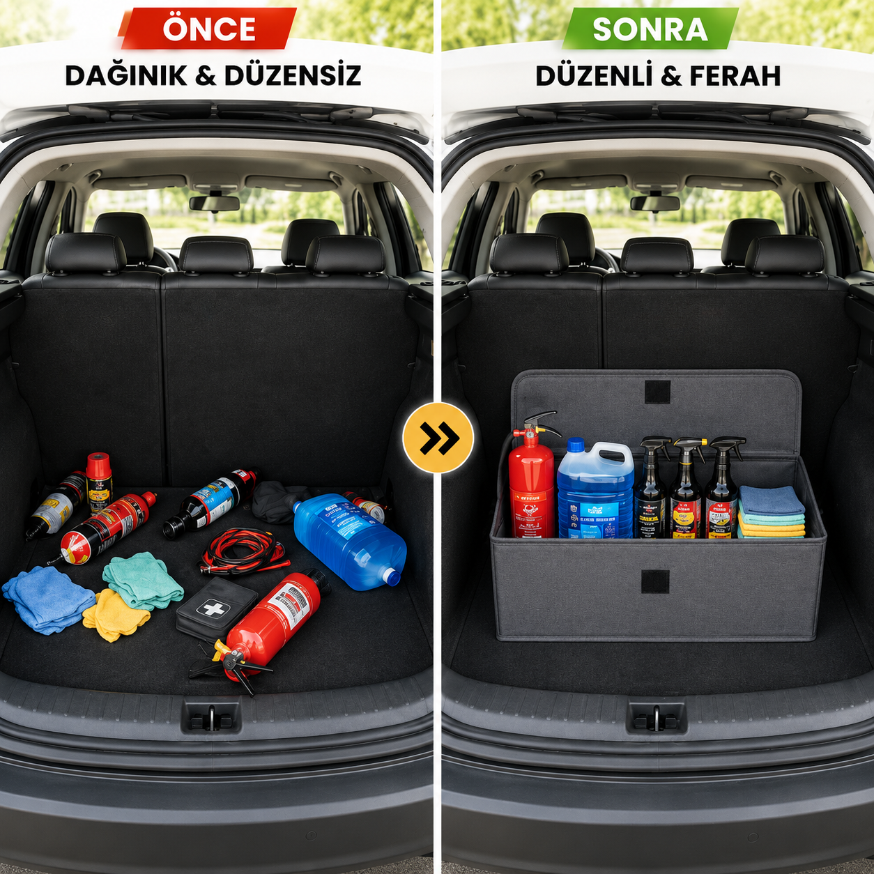 2’li Antrasit Araba Bagaj Çantası – Oto Bagaj Organizer Kapaklı Cırtlı Düzenleyici 50x25x15