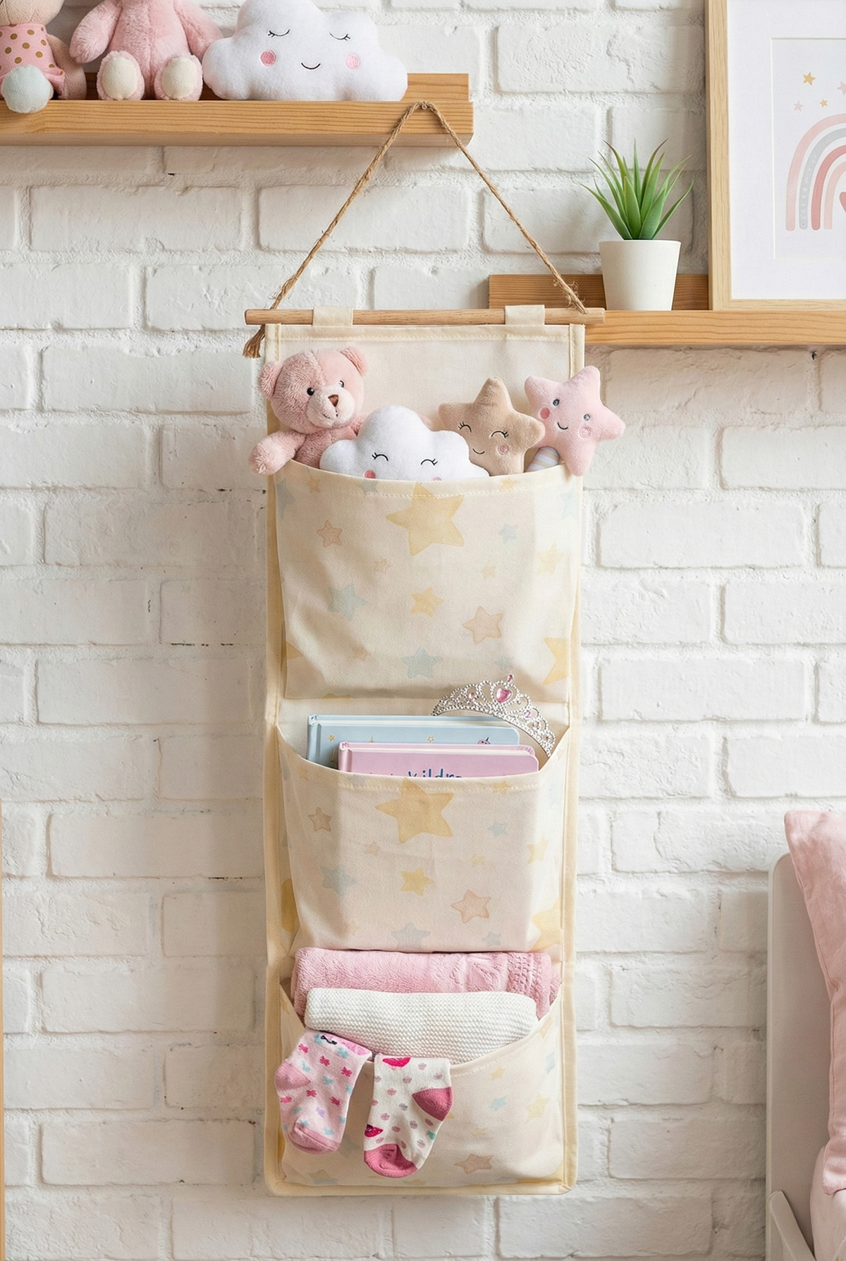 Yıldız Baskılı 3 Cepli Çok Amaçlı Askılı Duvar Tipi Dolap Içi Banyo Mutfak Düzenleyici Organizer 20 x 60