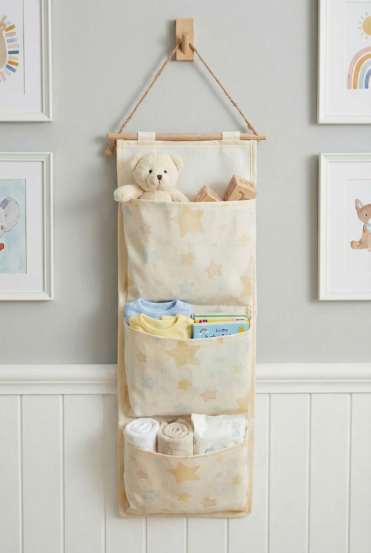 Yıldız Baskılı 3 Cepli Çok Amaçlı Askılı Duvar Tipi Dolap Içi Banyo Mutfak Düzenleyici Organizer 20 x 60