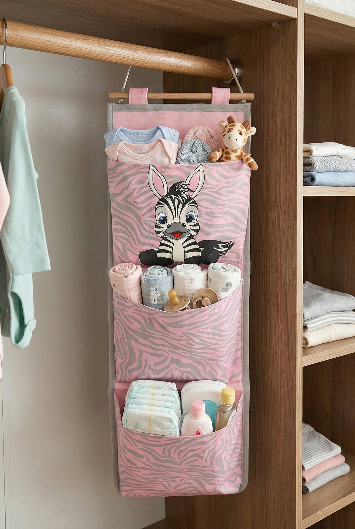 Zebra Baskılı 3 Cepli Çok Amaçlı Askılı Duvar Tipi Dolap Içi Banyo Mutfak Düzenleyici Organizer 20 x 60