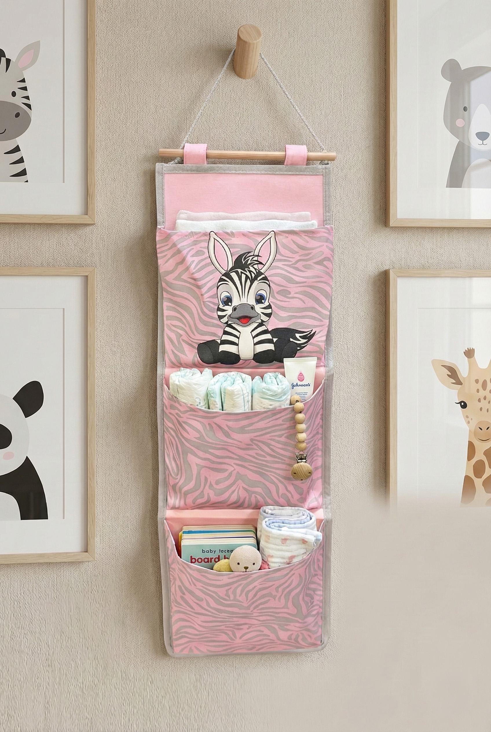 Zebra Baskılı 3 Cepli Çok Amaçlı Askılı Duvar Tipi Dolap Içi Banyo Mutfak Düzenleyici Organizer 20 x 60
