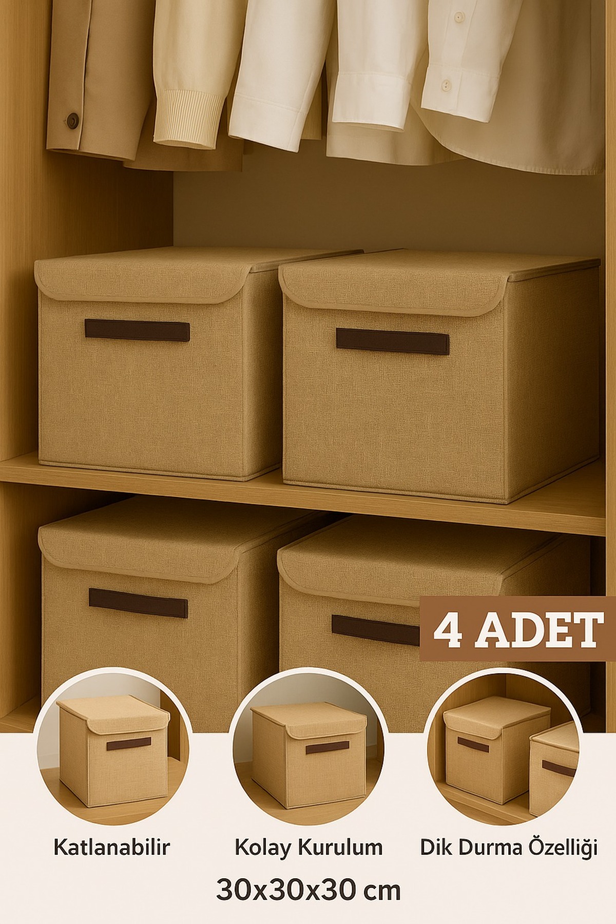 4lü Jüt Kapaklı Kumaş Dolap İçi Düzenleyici Kutu - 30x30x30 cm Katlanabilir Saklama Kutusu