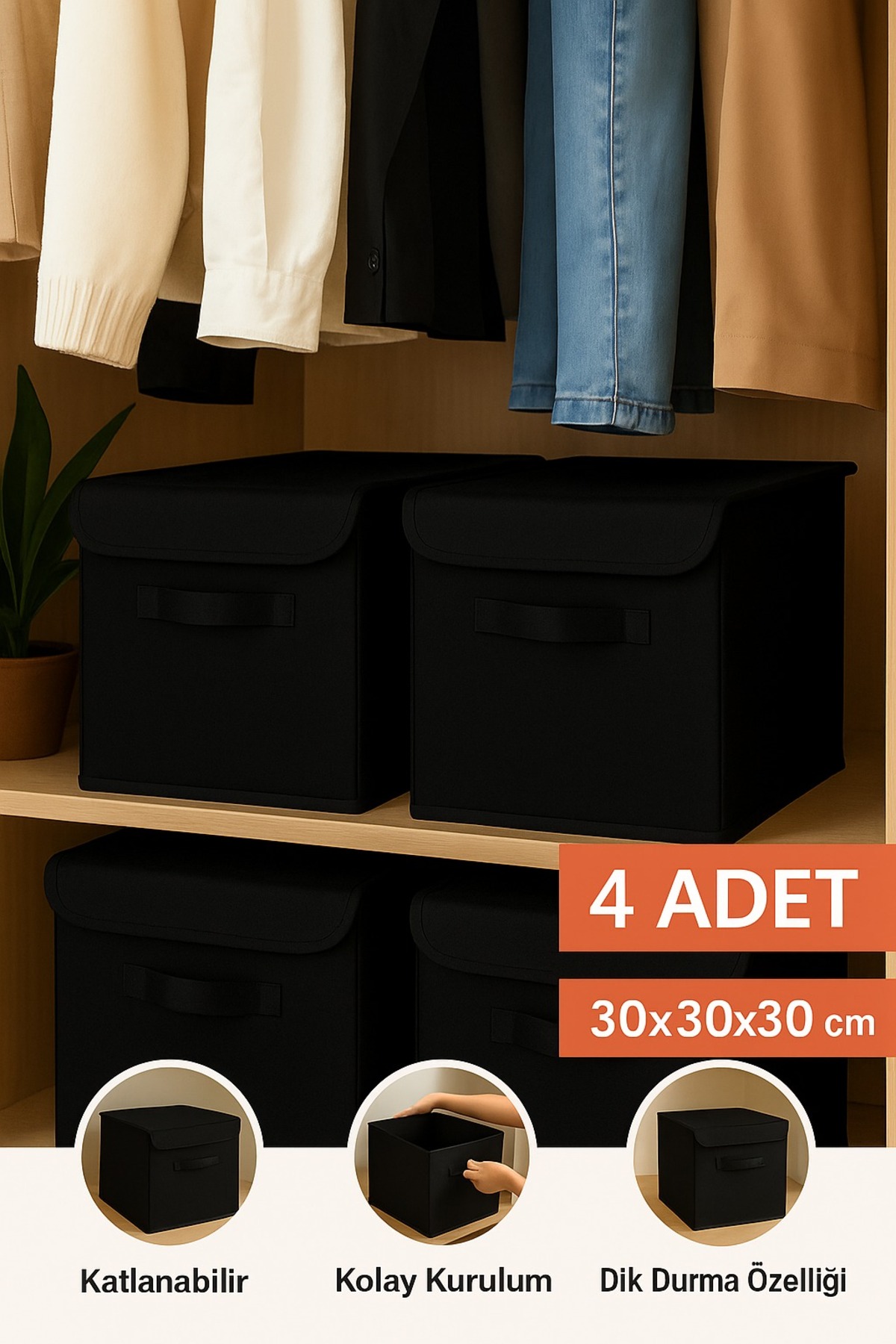 4’lü Siyah Kapaklı Kumaş Dolap İçi Düzenleyici Kutu - 30x30x30 cm Katlanabilir Saklama Kutusu