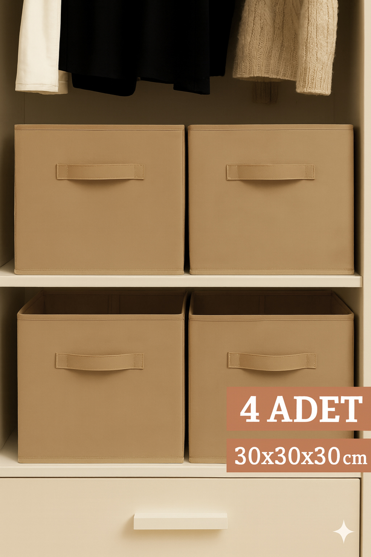 4’lü Bej Kumaş Dolap İçi Düzenleyici Kutu - 30x30x30 cm Katlanabilir Çok Amaçlı Saklama Kutusu