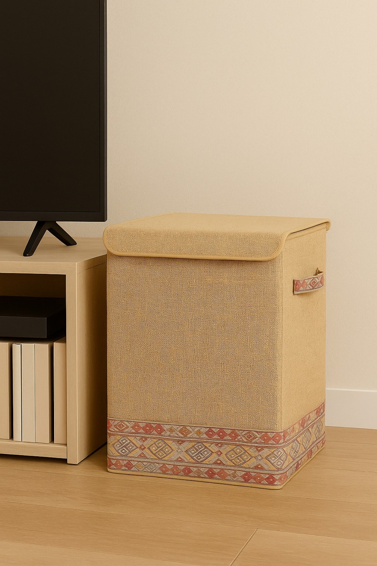 Jüt Bohem Kapaklı Katlanır Kirli Çamaşır Çocuk Odası Oyuncak Saklama Kutusu Sepet 40x50x30