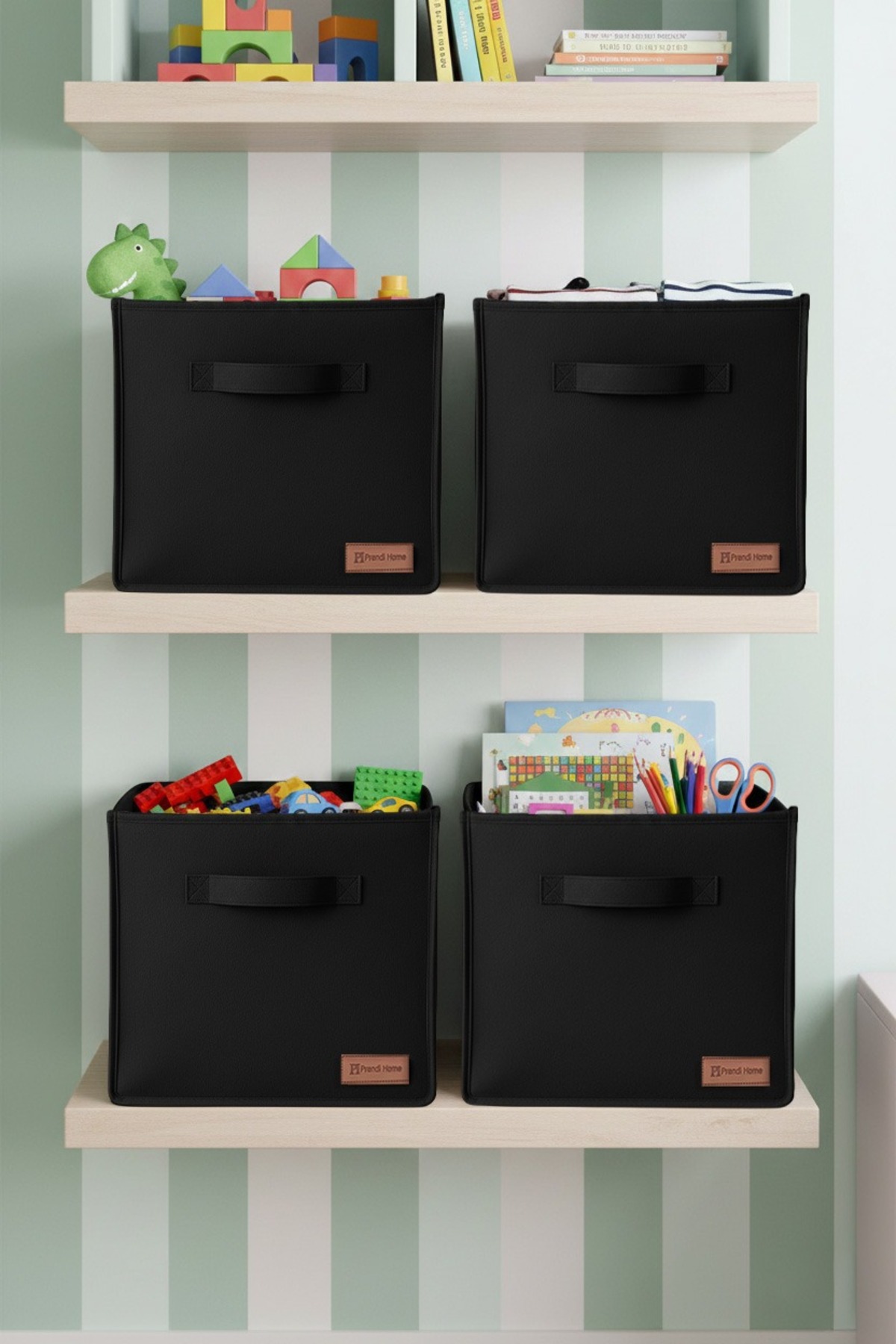 4`lü Siyah Desteksiz Saklama Kutusu 28x28x28 Dekoratif Kulplu Organizer Dolap İçi Çamaşır Oyuncak Düzenleyici
