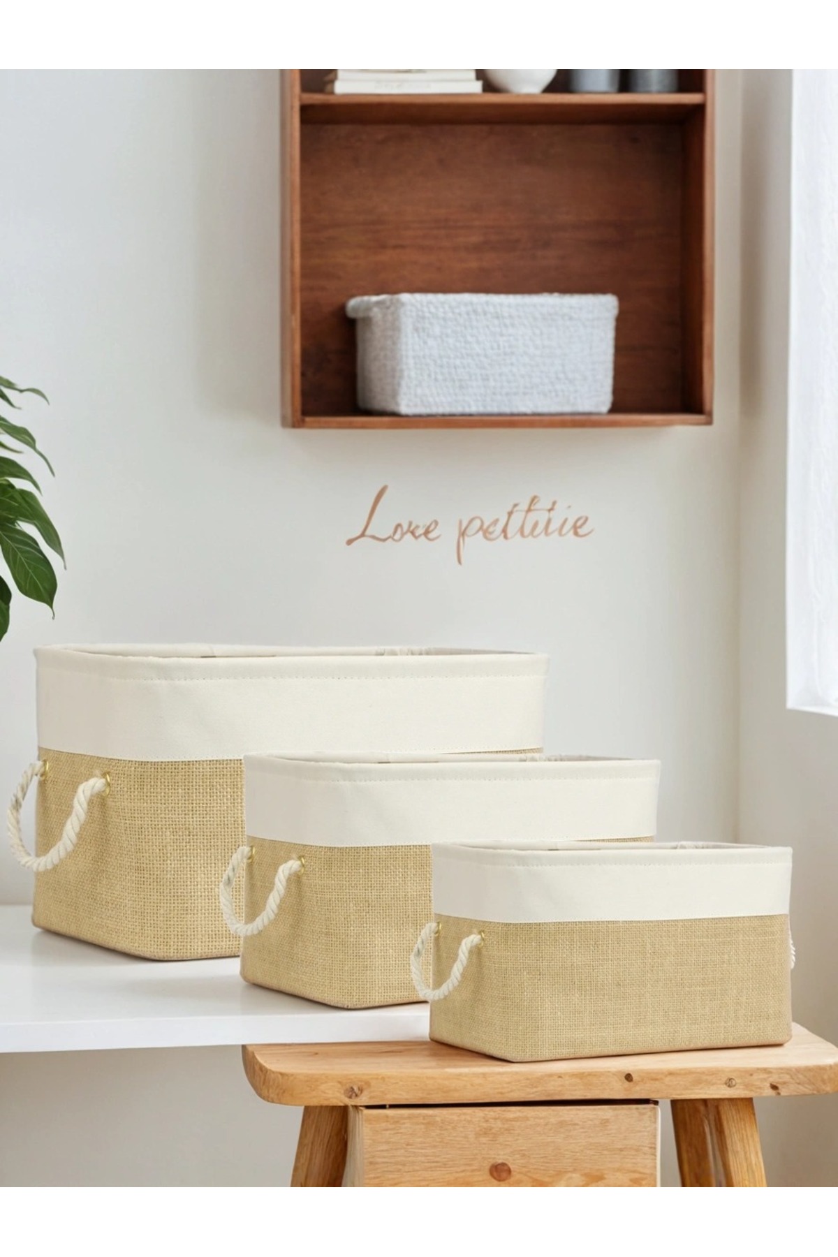 3’lü Beyaz Garnili Jüt Set Dolap Içi Çamaşır Çocuk Odası Oyuncak Düzenleyici Katlanır, Saklama Sepeti Organizer