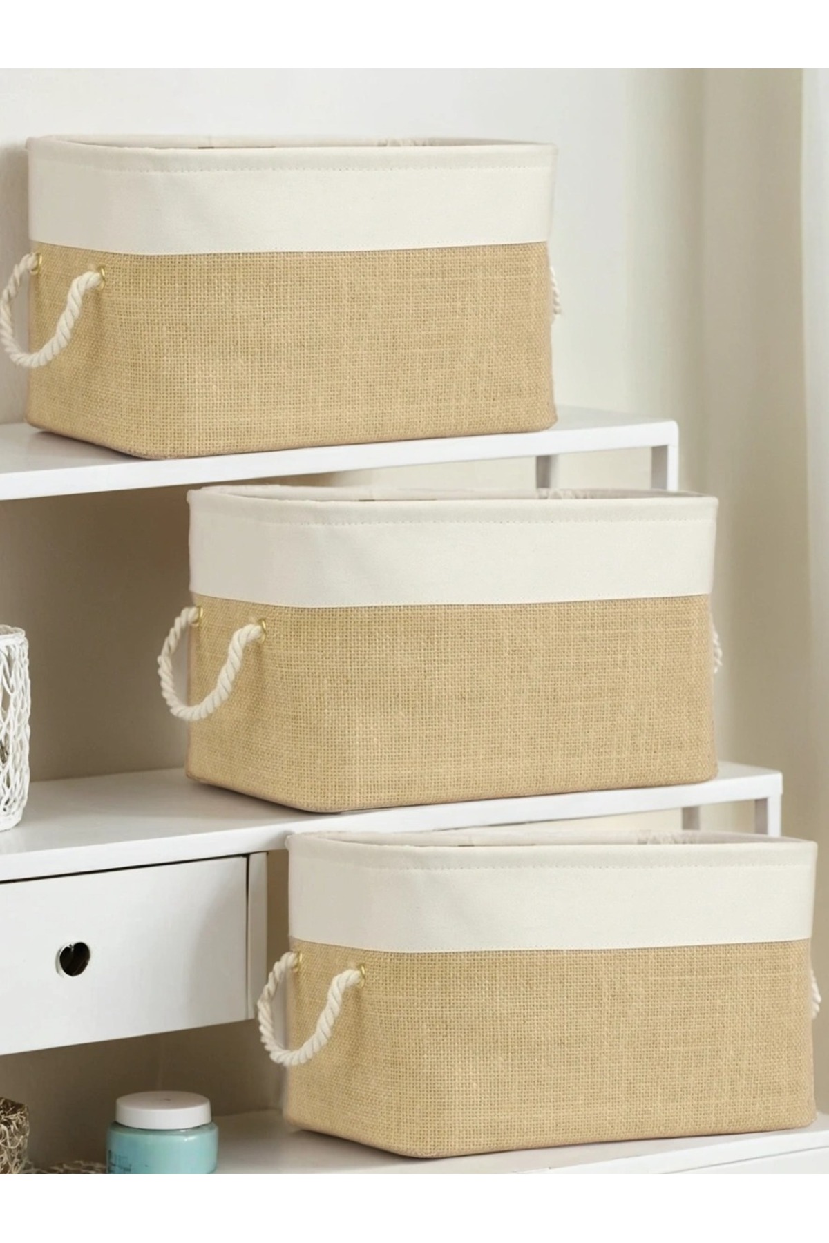 3 lü Büyük Boy Jüt Dolap İçi Çamaşır Çocuk Odası Oyuncak Düzenleyici Katlanır Saklama Sepeti