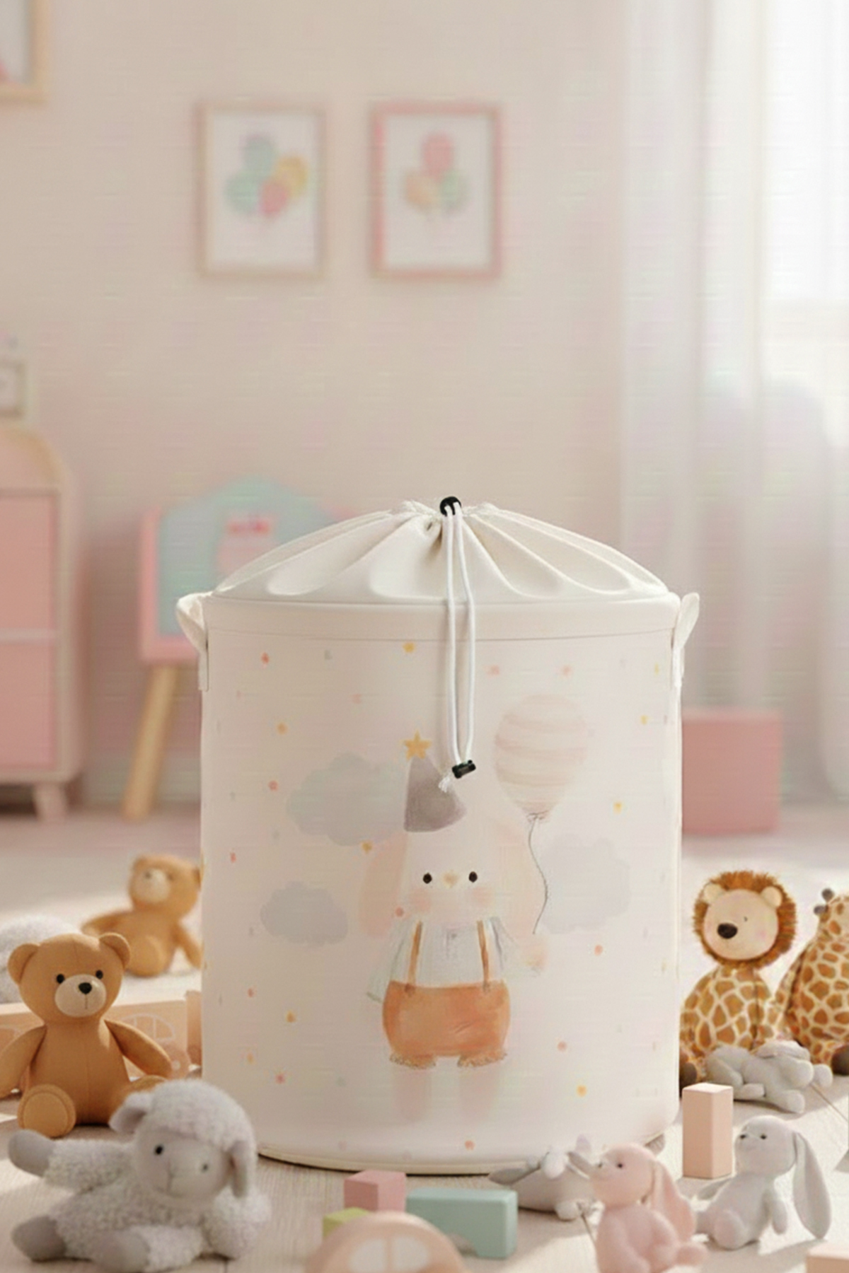 Tavşan Baskılı Fileli Çok Amaçlı Oyuncak Kirli Çamaşır Sepeti Katlanır Düzenleyici Sepet 37x40