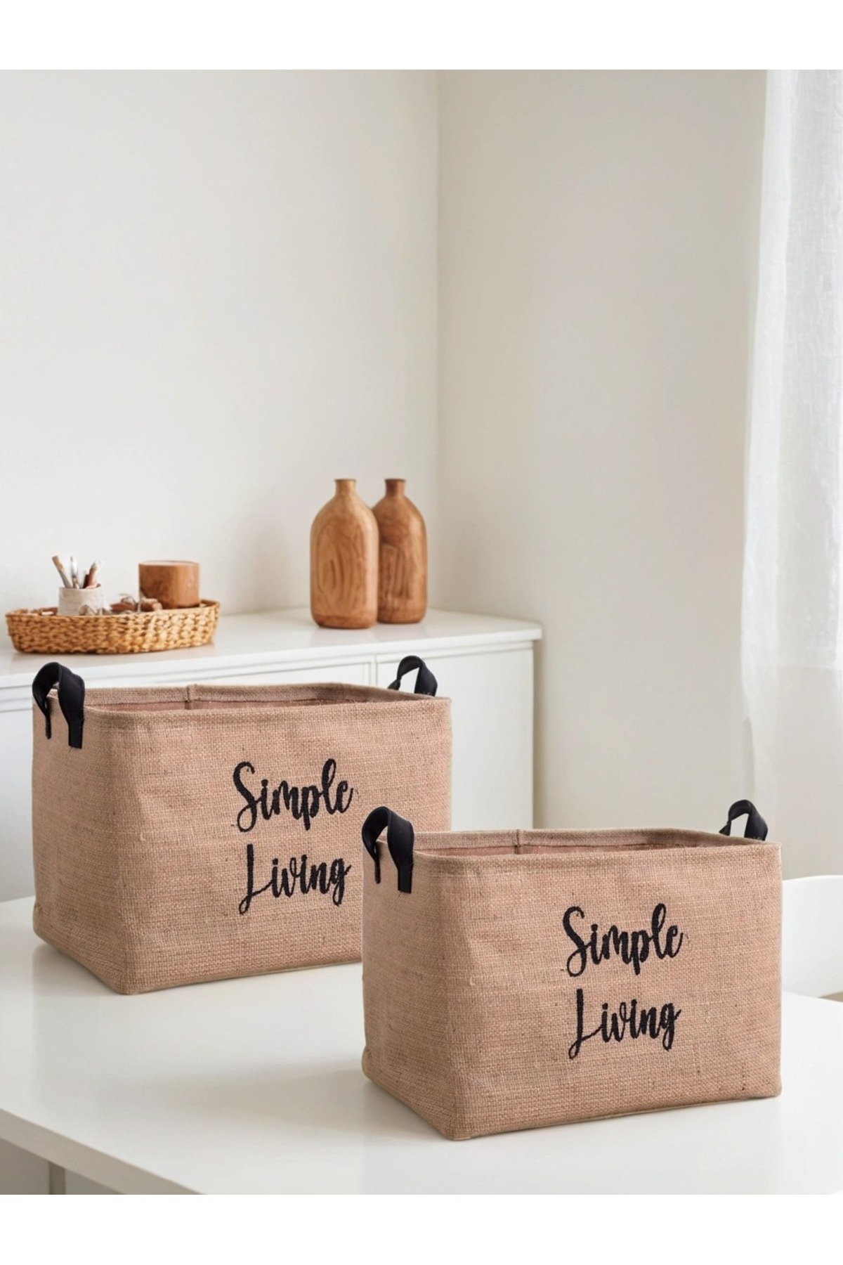 Jüt Simple Living Baskılı Küçük Boy 2’li Düzenleyici Saklama Sepeti Set 15x25x18