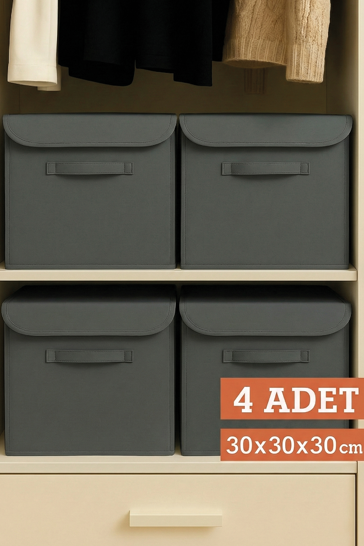 4’lü Antrasit Kapaklı Kumaş Dolap İçi Düzenleyici Kutu - 30x30x30 cm Katlanabilir Saklama Kutusu