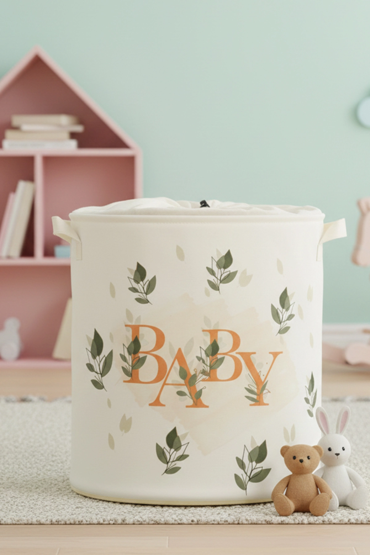 Baby Baskılı Ağzı Büzgülü Çok Amaçlı Oyuncak Saklama, Kirli Çamaşır Sepeti 37x40