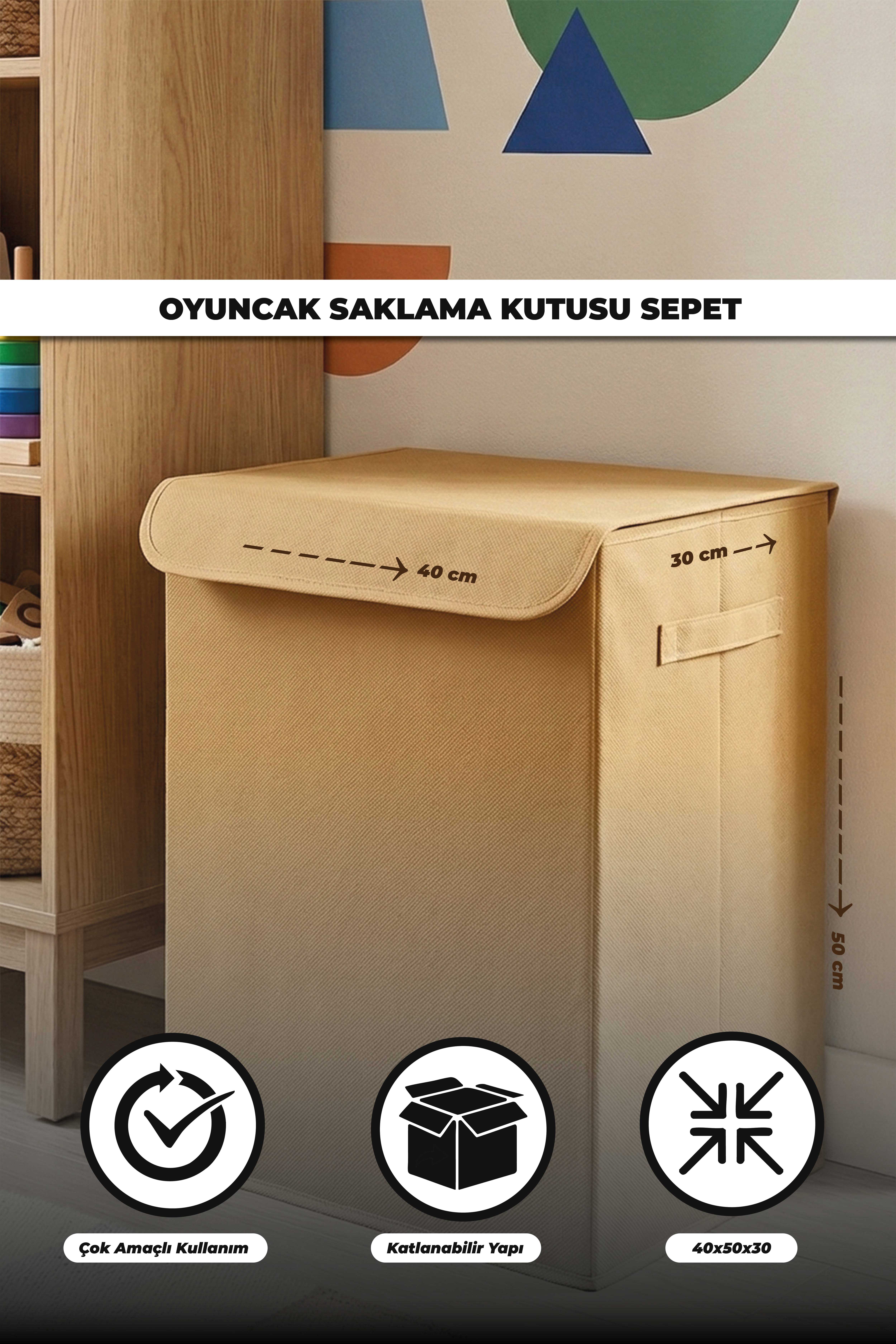 Bej Kapaklı Oyuncak Kutusu Katlanabilir Leke Tutmaz Çocuk Odası Sepeti Organizer Oyuncak Kutusu 40x50x30