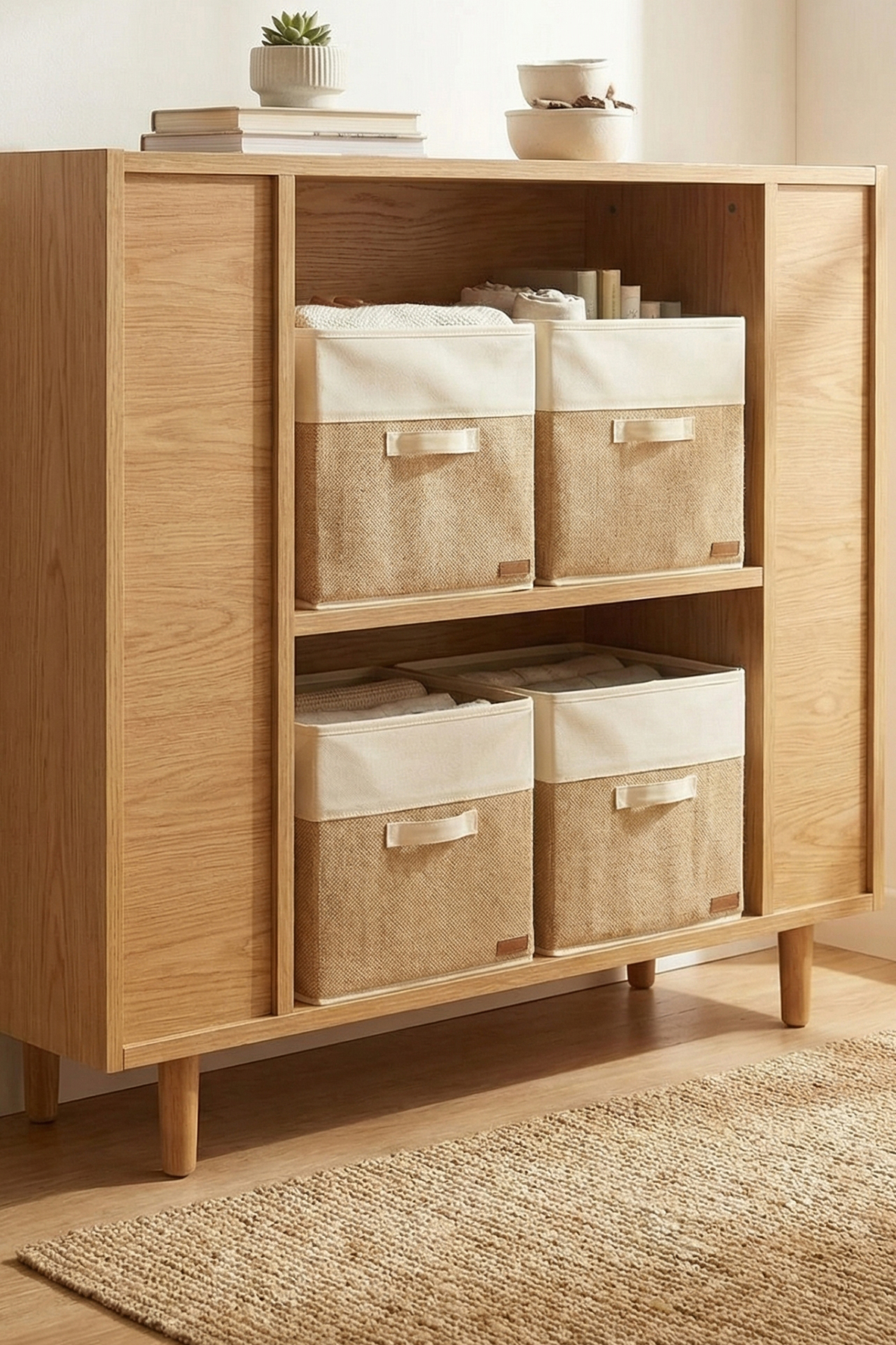 4’lü Beyaz Garnili Jüt Kumaş Dolap İçi Düzenleyici Kutu - 30x30x30 cm Katlanabilir Çok Amaçlı Saklama Kutusu