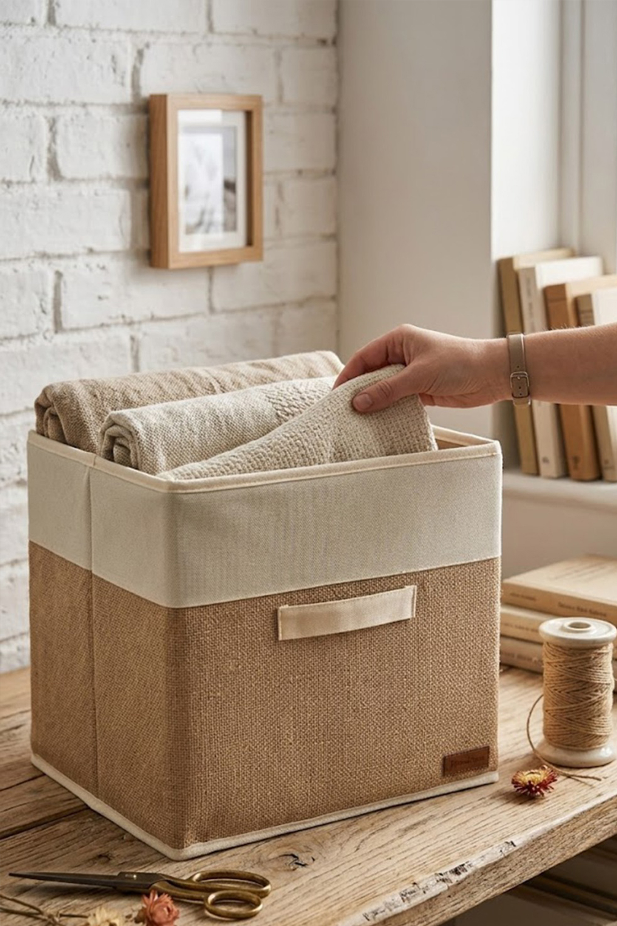 4’lü Beyaz Garnili Jüt Kumaş Dolap İçi Düzenleyici Kutu - 30x30x30 cm Katlanabilir Çok Amaçlı Saklama Kutusu