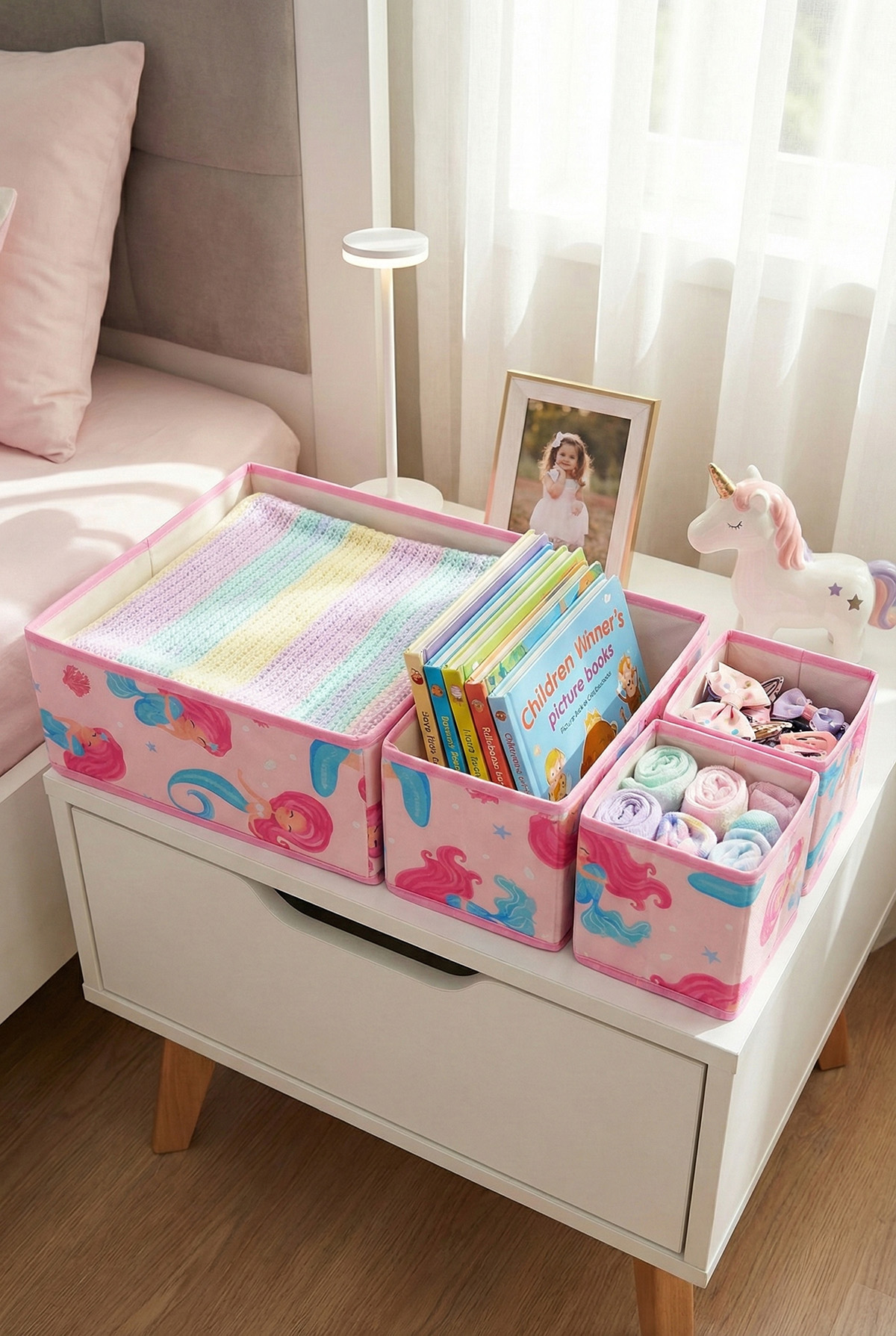 4’lü Deniz Kızı desenli Pembe Çekmece İçi Düzenleyici Organizer Set