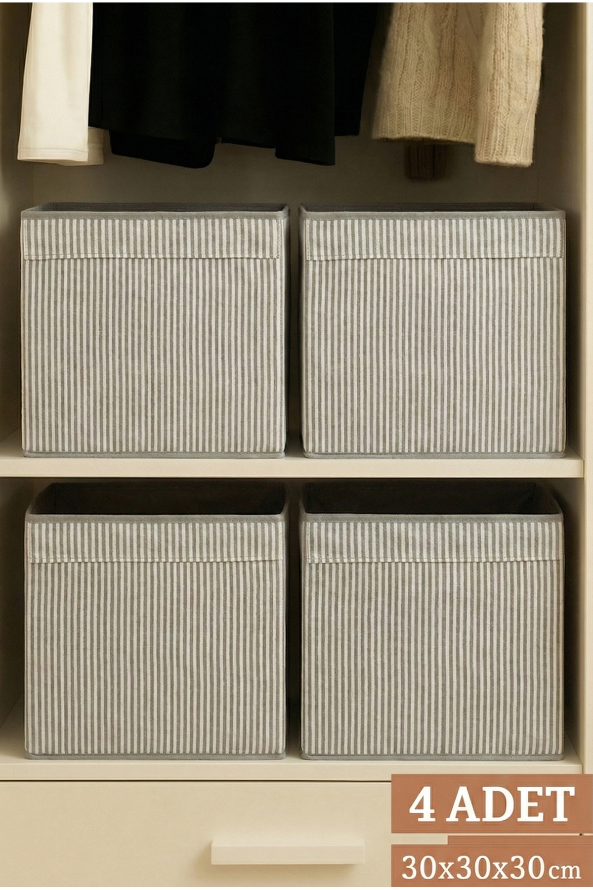 4’lü Gri Çizgili Kumaş Dolap İçi Düzenleyici Kutu - 30x30x30 cm Katlanabilir Çok Amaçlı Saklama Kutusu