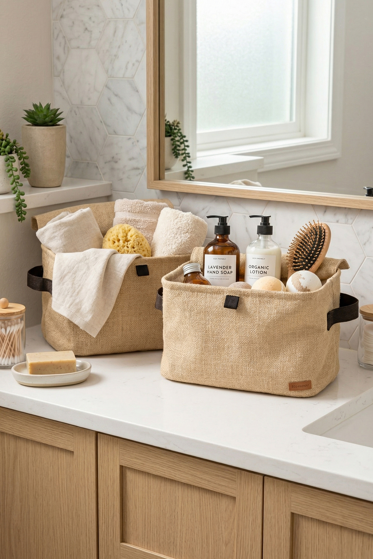 2 li Jüt Kumaş Banyo Düzenleyici Sepet Dekoratif Çok Amaçlı Organizer Kutu Sepet 30x22x18