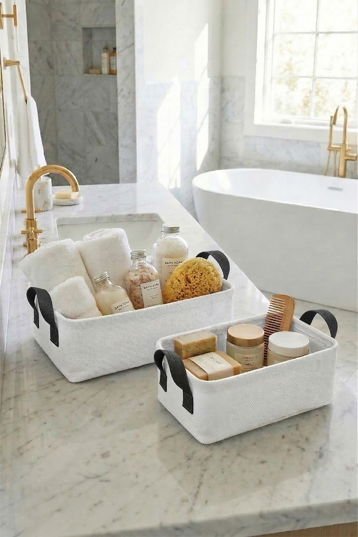 2 li BeyazKumaş Banyo Düzenleyici Sepet Dekoratif Çok Amaçlı Organizer Kutu 30x22x10-30x22x10