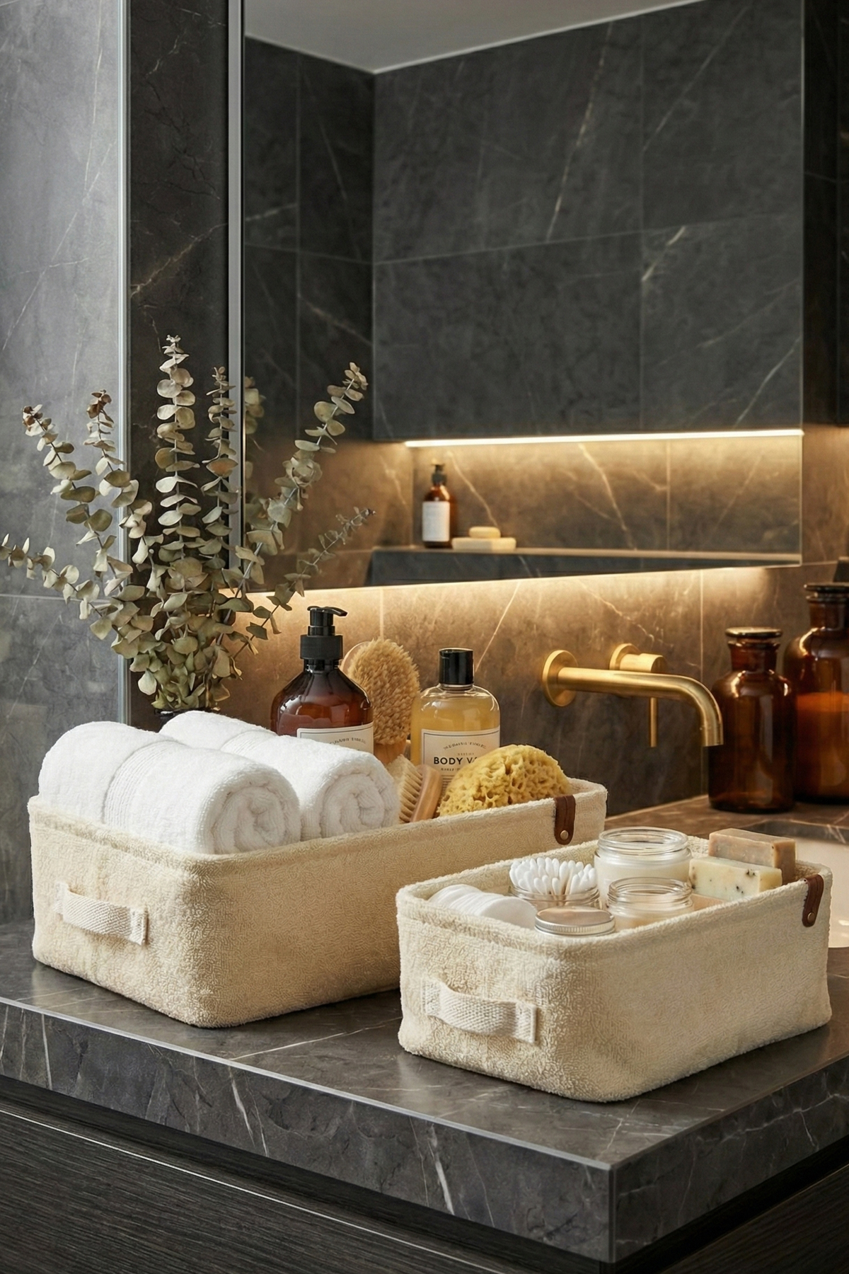 2 li Havlu Kumaş Banyo Düzenleyici Sepet Dekoratif Çok Amaçlı Organizer Kutu 37x27x10-30x22x10