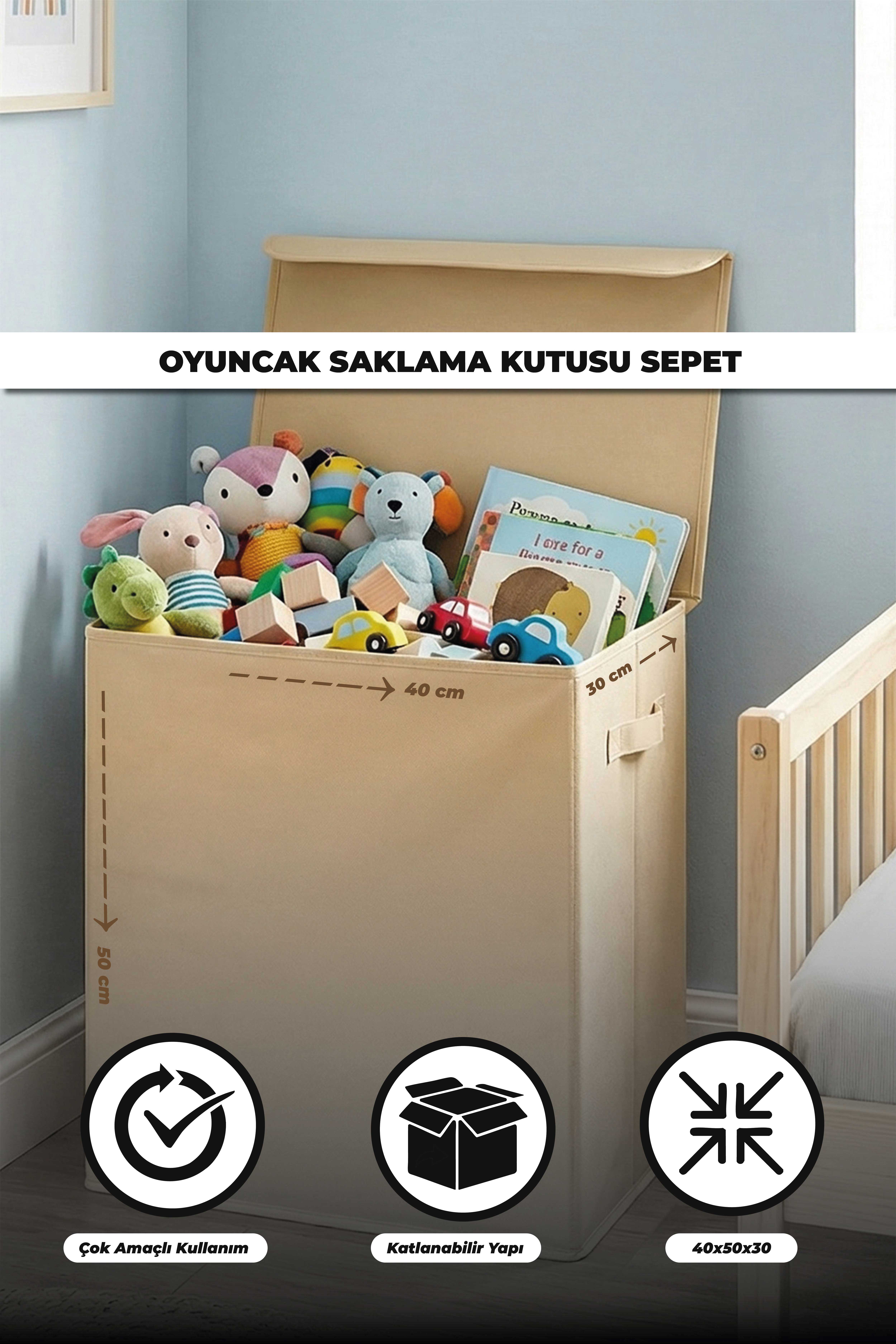 Krem Kapaklı Oyuncak Kutusu Katlanabilir Leke Tutmaz Çocuk Odası Sepeti Organizer Oyuncak Kutusu