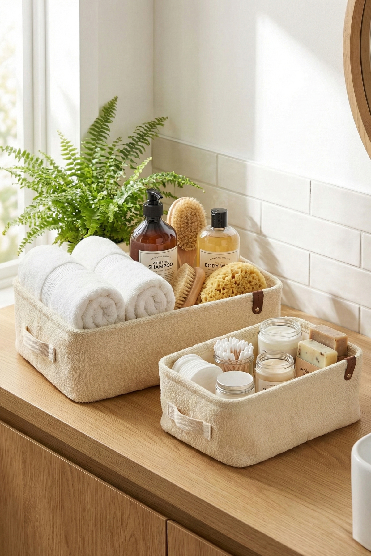 2 li Havlu Kumaş Banyo Düzenleyici Sepet Dekoratif Çok Amaçlı Organizer Kutu 37x27x10-30x22x10