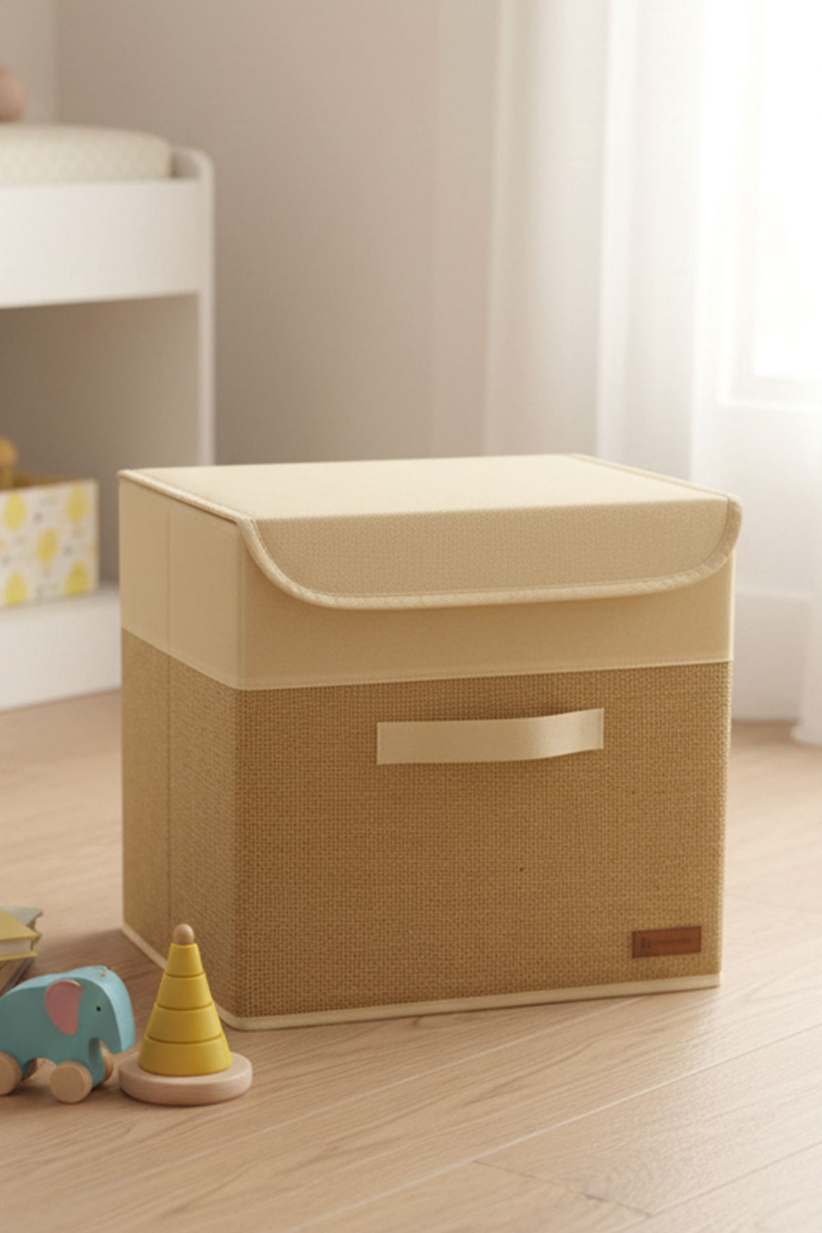 4’lü Lino Garni Jüt Kapaklı Kumaş Dolap İçi Düzenleyici Kutu - 30x30x30 cm Katlanabilir Saklama Kutusu