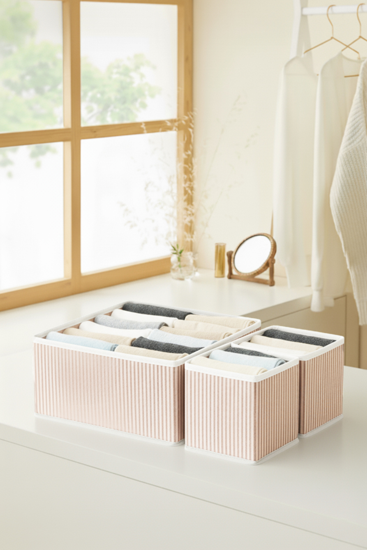 3’lü Pudra Çizgili Çekmece İçi Düzenleyici Organizer Set – Çok Amaçlı Dolap İçi Kutu Seti