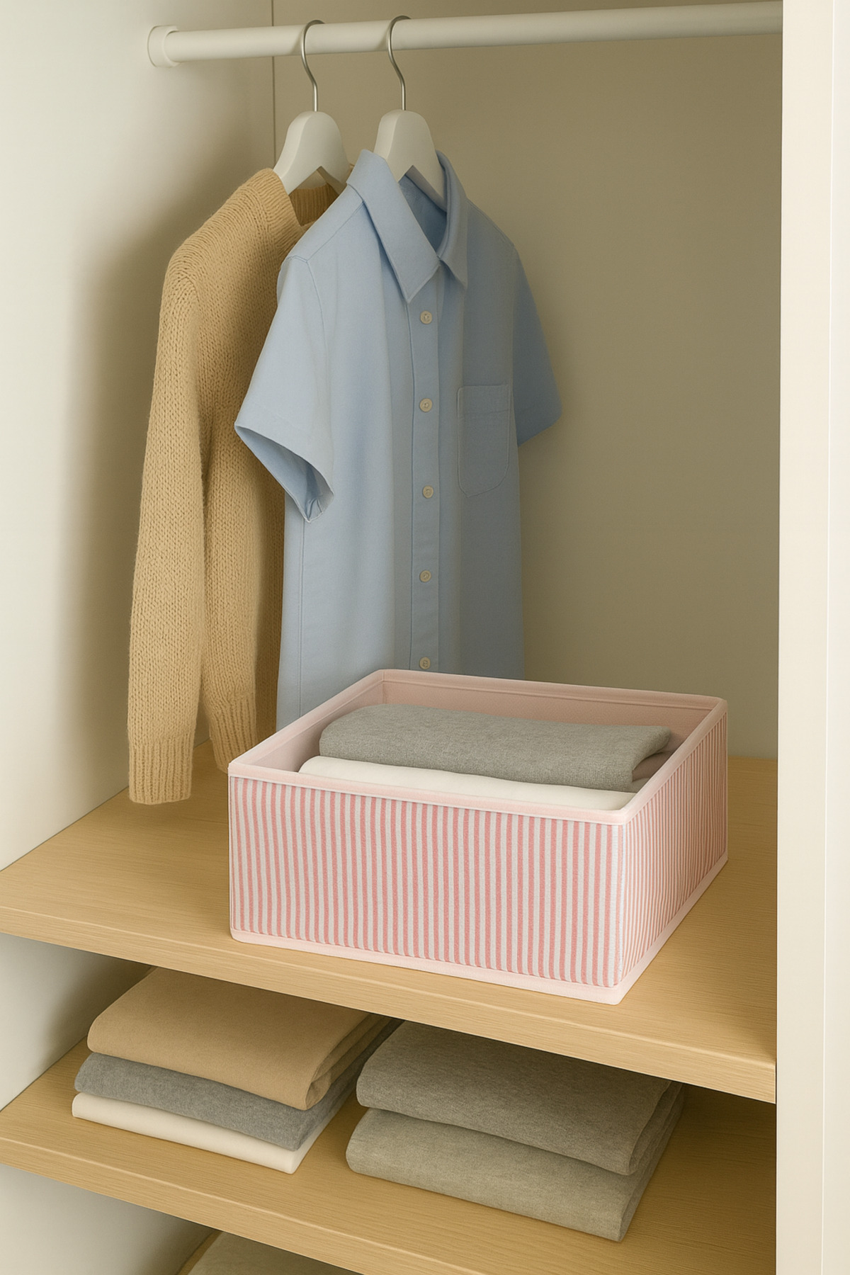 Gardırop ve Dolap İçi Düzenleyici Organizer, Pudra Çizgili Çok Amaçlı Saklama Kutusu 28x28x13cm