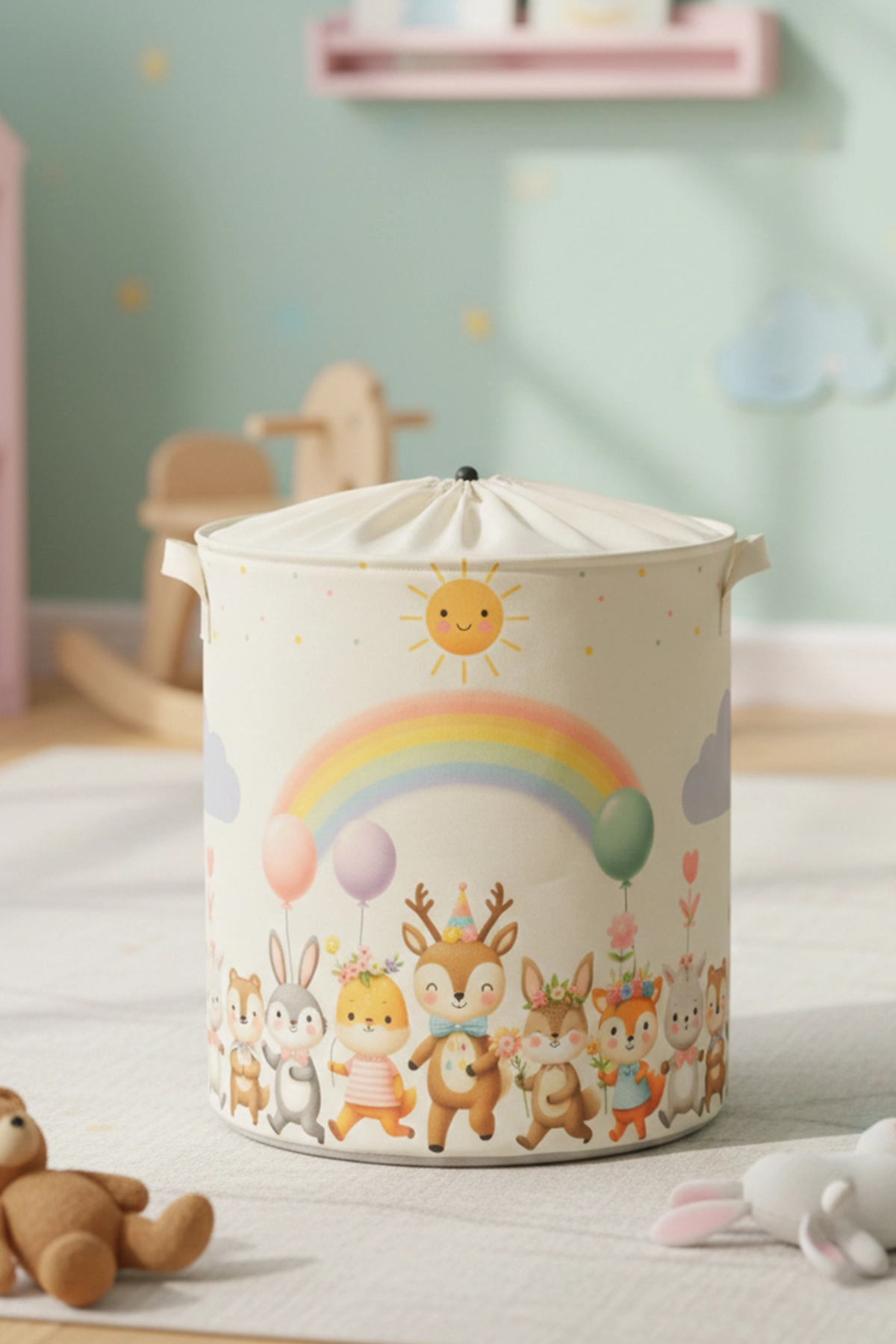 Sevimli Dans Eden Hayvan Baskılı Fileli Çok Amaçlı Oyuncak Kirli Sepeti Katlanır Düzenleyici 37x40