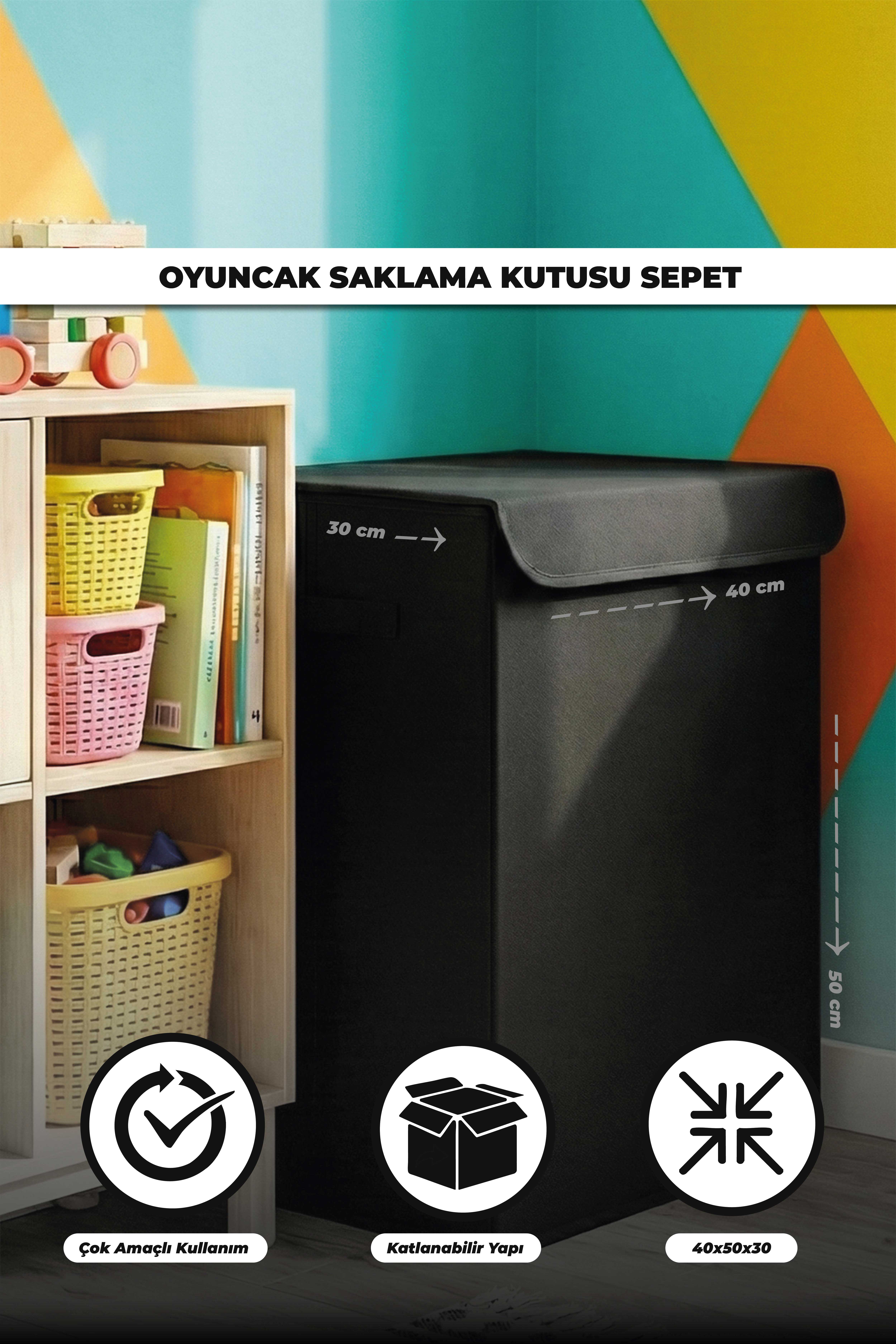 Siyah Kapaklı Oyuncak Kutusu Katlanabilir Leke Tutmaz Çocuk Odası Sepeti Organizer Oyuncak Kutusu