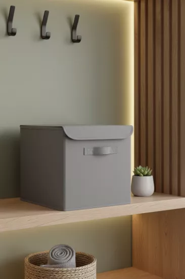 Gri Kumaş Kapaklı Saklama Kutusu Eşya Düzenleyici 30x30x30