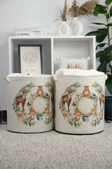 2’li Zoo Baskılı Oyuncak Saklama Kutusu Kirli Çamaşır Sepeti Katlanır Düzenleyici Sepet 37x40