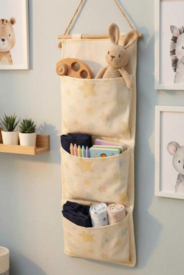 Yıldız Baskılı 3 Cepli Çok Amaçlı Askılı Duvar Tipi Dolap Içi Banyo Mutfak Düzenleyici Organizer 20 x 60