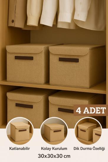 4lü Jüt Kapaklı Kumaş Dolap İçi Düzenleyici Kutu - 30x30x30 cm Katlanabilir Saklama Kutusu