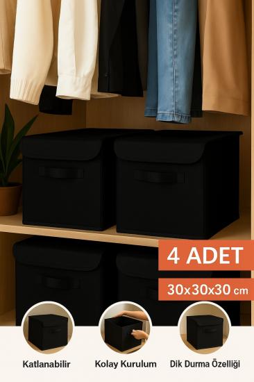 4’lü Siyah Kapaklı Kumaş Dolap İçi Düzenleyici Kutu - 30x30x30 cm Katlanabilir Saklama Kutusu
