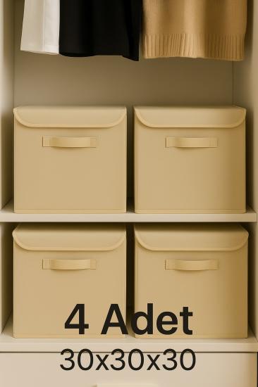 4’lü Krem Kapaklı Kumaş Dolap İçi Düzenleyici Kutu - 30x30x30 cm Katlanabilir Saklama Kutusu