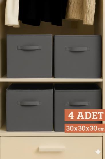 4’lü Antrasit Dolap İçi Düzenleyici Kutu - 30x30x30 cm Katlanabilir Çok Amaçlı Saklama Kutusu
