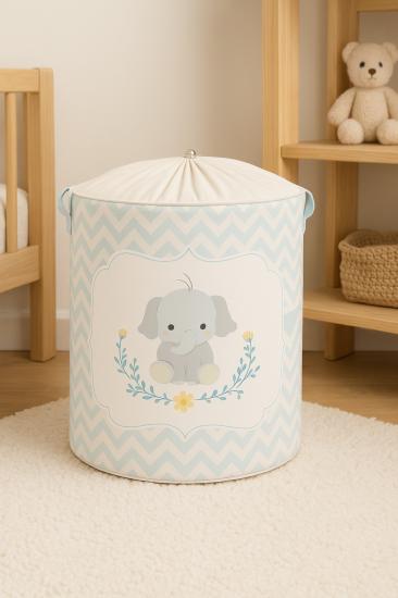 Mavi Fil Baskılı Fileli Oyuncak Çamaşır Kirli Organizer Düzenleyici Sepet 37 x 40