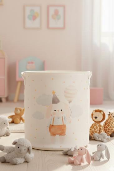 Sevimli Tavşan Figürü Baskılı Filesiz Çok Amaçlı Oyuncak Çamaşır Saklama Sepeti 37x40