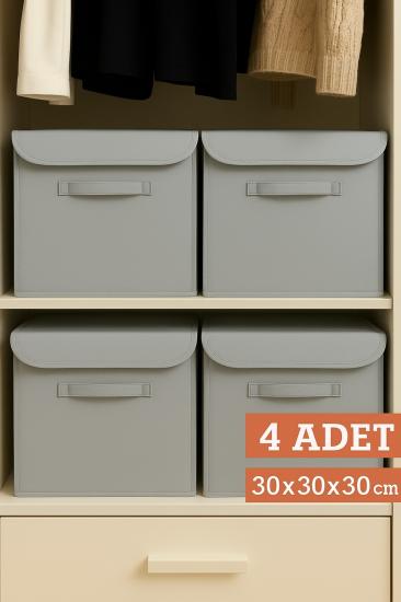 4’lü Gri Kapaklı Kumaş Dolap İçi Düzenleyici Kutu - 30x30x30 cm Katlanabilir Saklama Kutusu