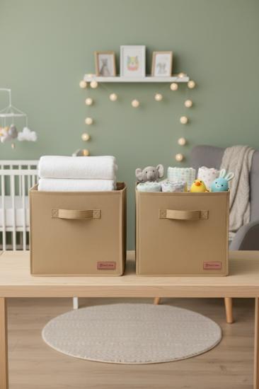 2`li Bej Saklama Kutusu 28x28x28 Dekoratif Kulplu Organizer Dolap İçi Çamaşır Oyuncak Düzenleyici