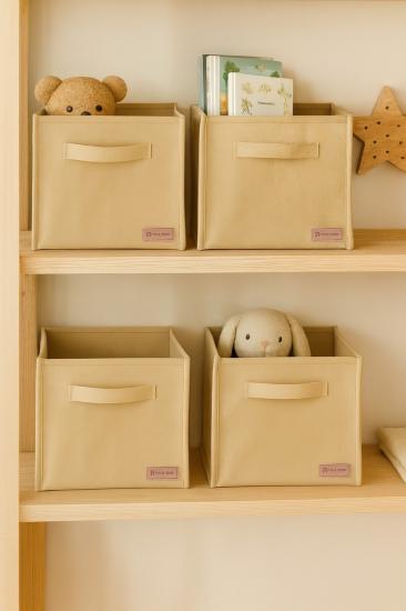 4`lü Bej Desteksiz Saklama Kutusu 28x28x28 Dekoratif Kulplu Organizer Dolap İçi Çamaşır Oyuncak Düzenleyici