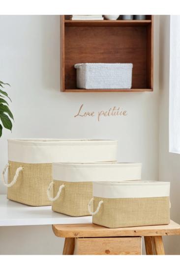 3’lü Beyaz Garnili Jüt Set Dolap Içi Çamaşır Çocuk Odası Oyuncak Düzenleyici Katlanır, Saklama Sepeti Organizer