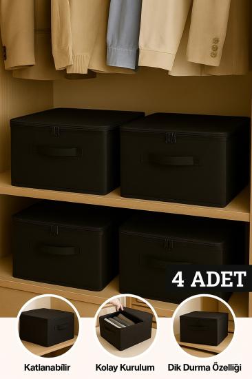 4 lü Destekli Hurç Büyük Boy Siyah Renk – Fermuarlı Katlanabilir Saklama ve Düzenleme Kutusu