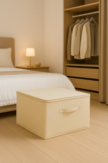 Destekli Hurç Büyük Boy Krem Renk – Fermuarlı Katlanabilir Saklama ve Düzenleme Kutusu