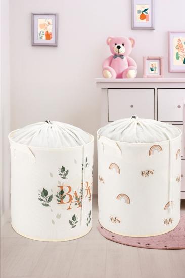 Baby Ve Gökkuşağı Tasarımlı 2’Li  Çocuk Odası Saklama Kutusu Düzenleyici Oyuncak Kirli Sepeti 32x40