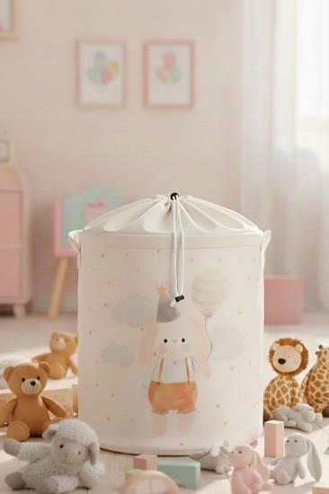 Tavşan Baskılı Fileli Çok Amaçlı Oyuncak Kirli Çamaşır Sepeti Katlanır Düzenleyici Sepet 37x40