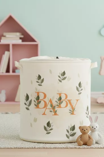 Baby Baskılı Ağzı Büzgülü Çok Amaçlı Oyuncak Saklama, Kirli Çamaşır Sepeti 37x40