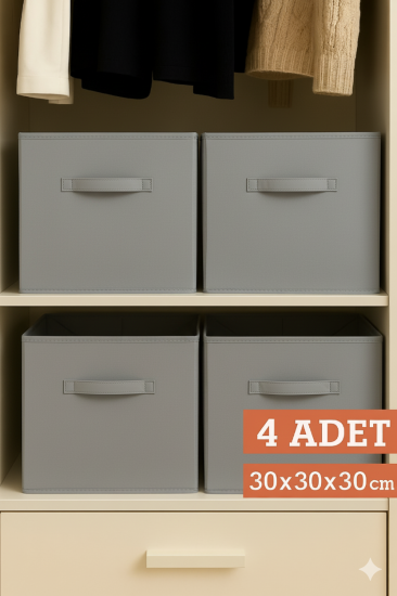 4’lü Gri Kumaş Dolap İçi Düzenleyici Kutu - 30x30x30 cm Katlanabilir Çok Amaçlı Saklama Kutusu